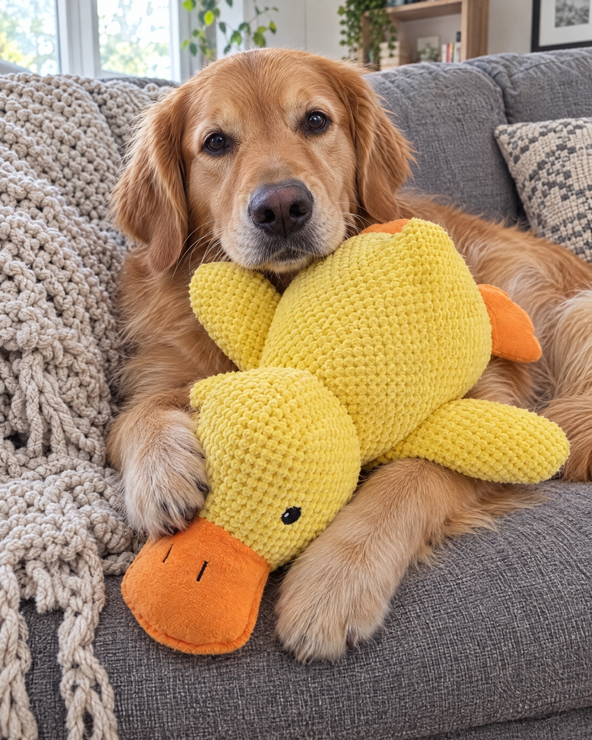 Golden retriever z dużą kaczką na kanapie