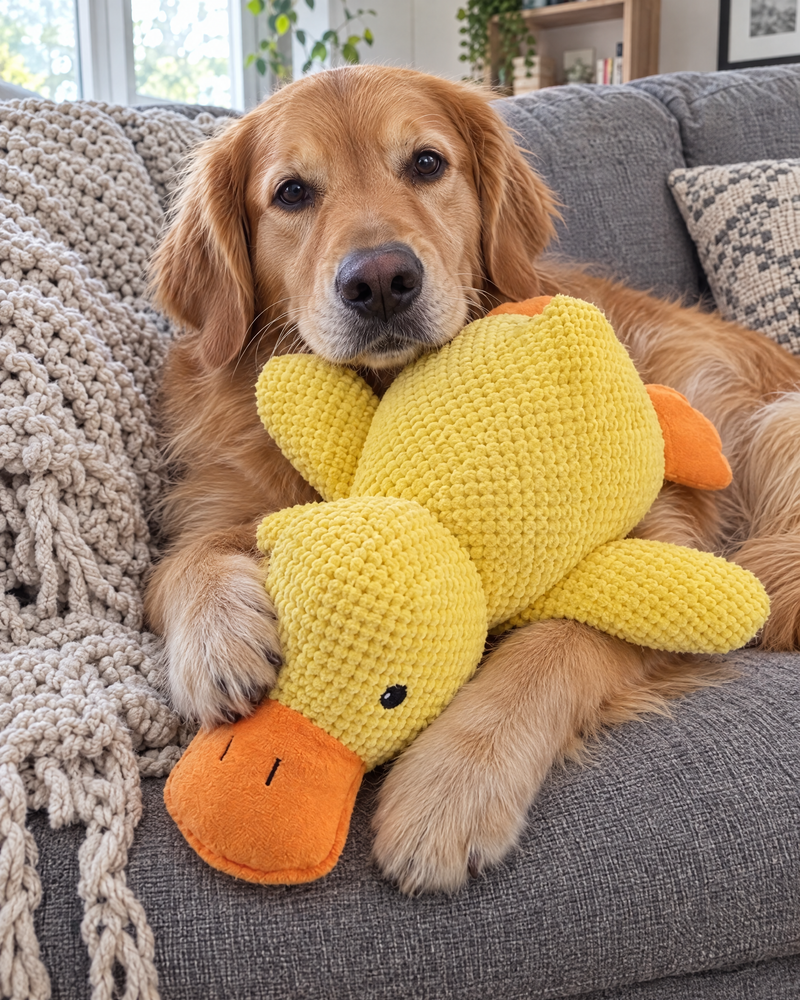 Golden retriever na kanapie z dużą kaczką